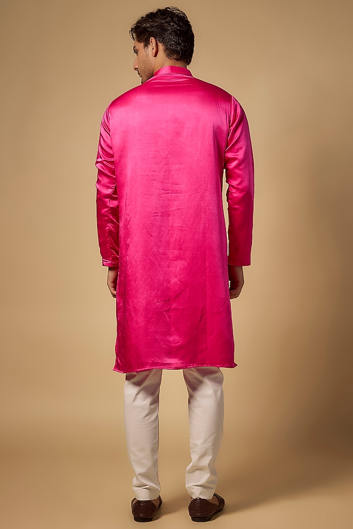 Magenta Linen Silk Hand Embroidered Kurta Set by Abees at Pernia's Pop Up Shop