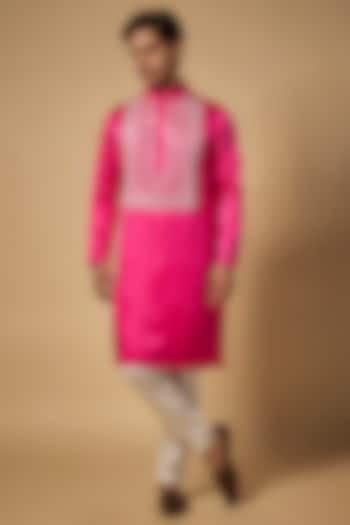 Magenta Linen Silk Hand Embroidered Kurta Set by Abees  at Pernia's Pop Up Shop
