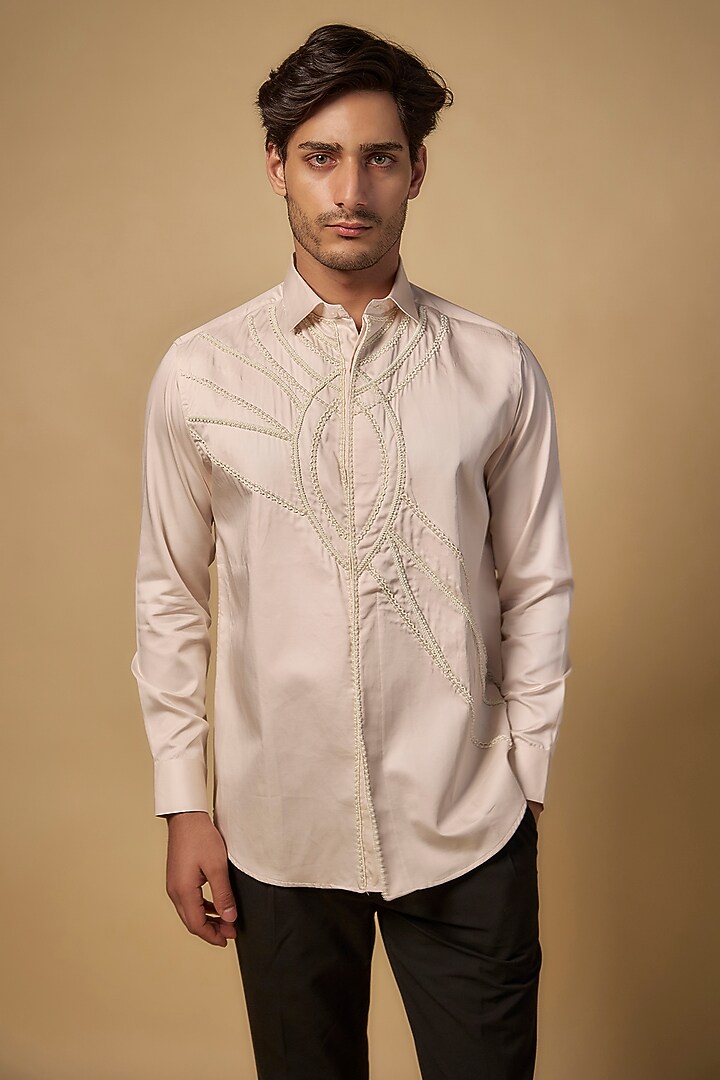 Pearl Ivory Pure Satin Cotton Hand Embroidered Party Wear Shirt by Abees  at Pernia's Pop Up Shop