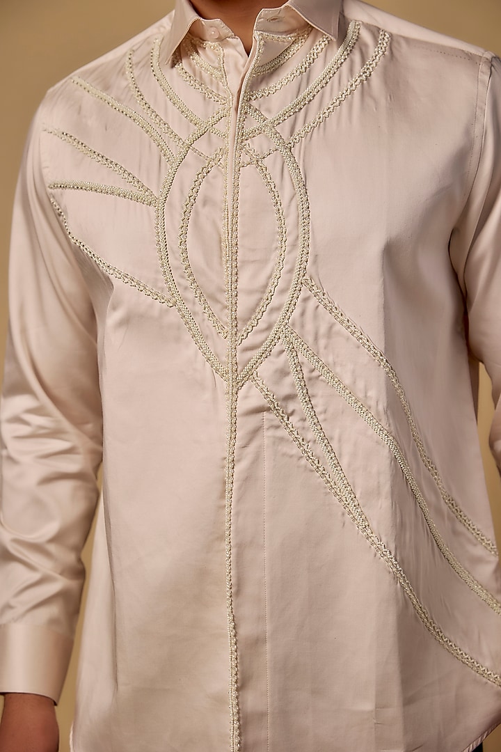 Pearl Ivory Pure Satin Cotton Hand Embroidered Party Wear Shirt by Abees  at Pernia's Pop Up Shop