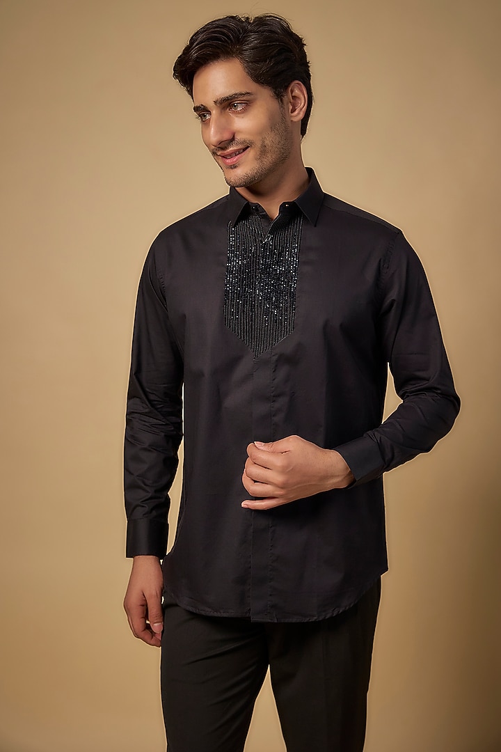 Black Pure Satin Cotton Cutdana Hand Embroidered Party Wear Shirt by Abees  at Pernia's Pop Up Shop