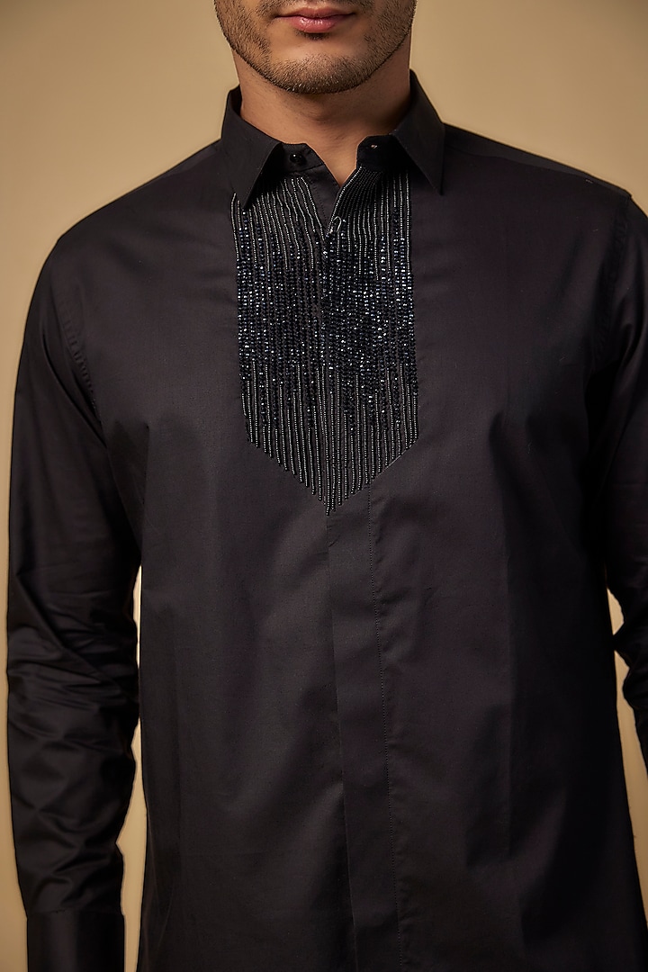 Black Pure Satin Cotton Cutdana Hand Embroidered Party Wear Shirt by Abees at Pernia's Pop Up Shop