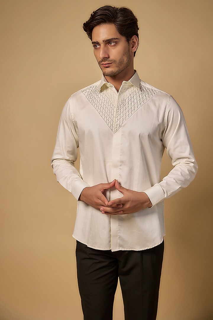 Pearl Ivory Pure Satin Cotton Pearl Hand Work Party Wear Shirt by Abees  at Pernia's Pop Up Shop