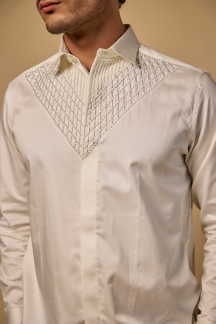 Pearl Ivory Pure Satin Cotton Pearl Hand Work Party Wear Shirt by Abees  at Pernia's Pop Up Shop