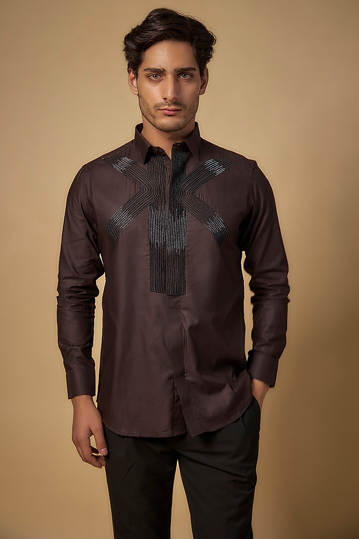 Brown Pure Satin Cotton Cutdana Hand Embroidered Party Wear Shirt by Abees  at Pernia's Pop Up Shop