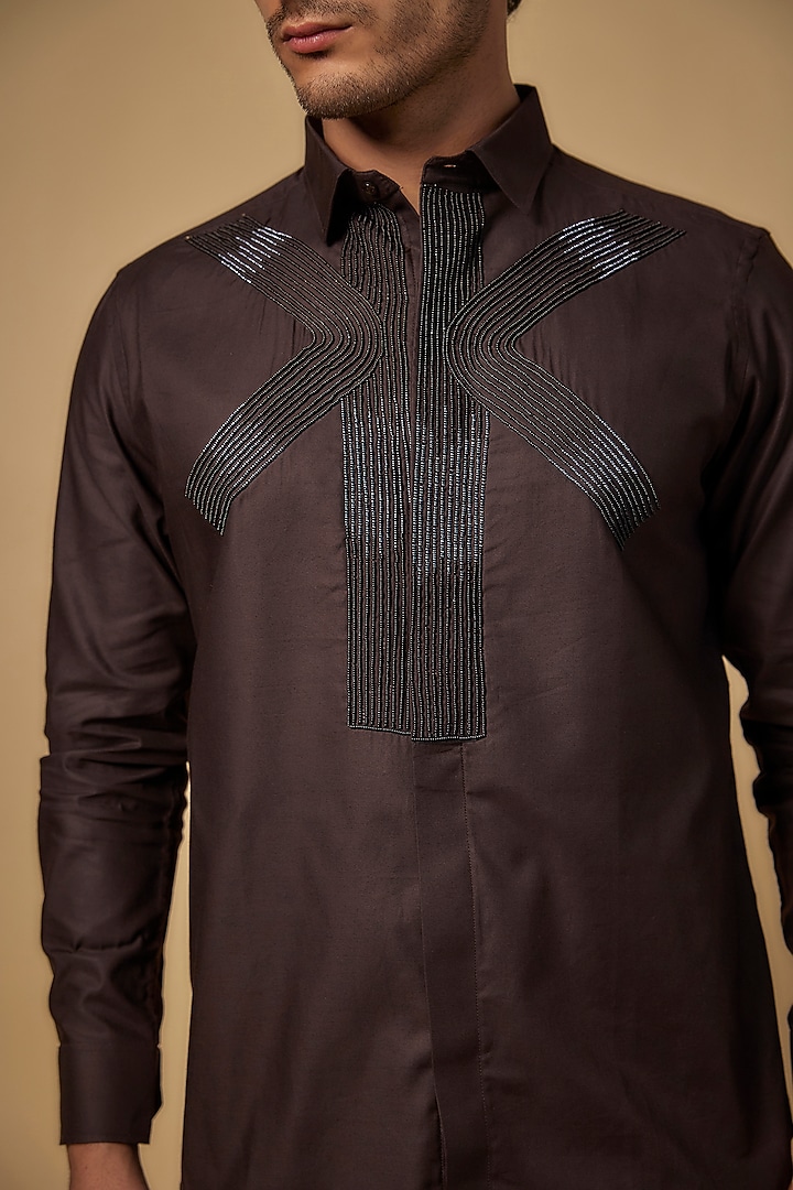 Brown Pure Satin Cotton Cutdana Hand Embroidered Party Wear Shirt by Abees  at Pernia's Pop Up Shop