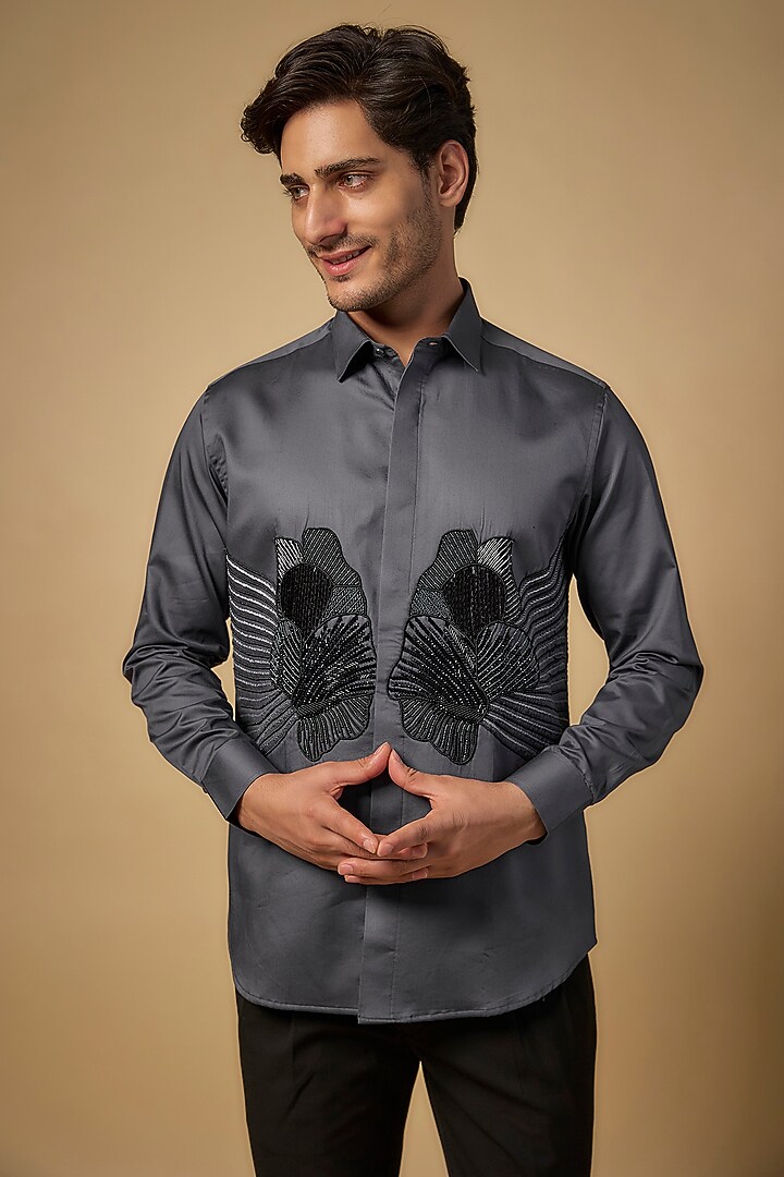Grey Pure Satin Cotton Cutdana Hand Embroidered Party Wear Shirt by Abees  at Pernia's Pop Up Shop