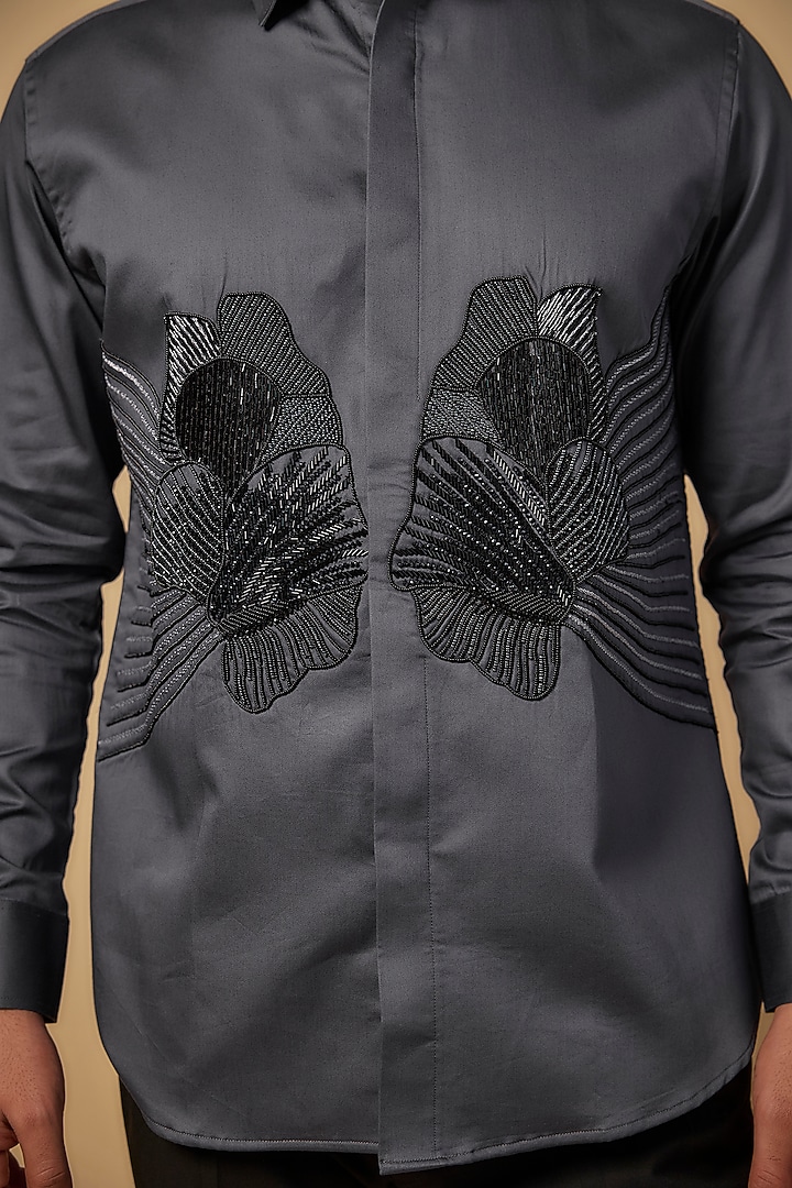 Grey Pure Satin Cotton Cutdana Hand Embroidered Party Wear Shirt by Abees at Pernia's Pop Up Shop