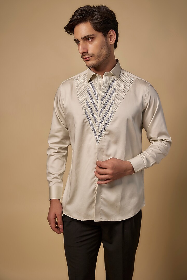 Gold Pure Satin Cotton Pearl Hand Work Party Wear Shirt by Abees  at Pernia's Pop Up Shop