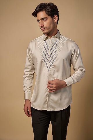 Gold Pure Satin Cotton Pearl Hand Work Shirt by Abees 