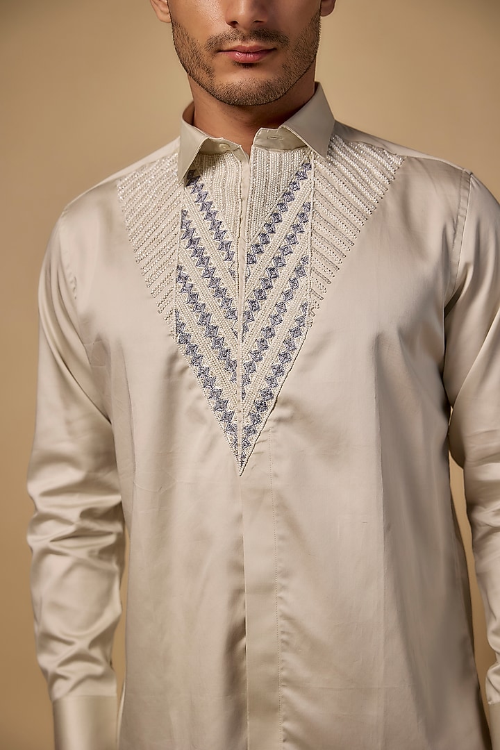 Gold Pure Satin Cotton Pearl Hand Work Party Wear Shirt by Abees at Pernia's Pop Up Shop