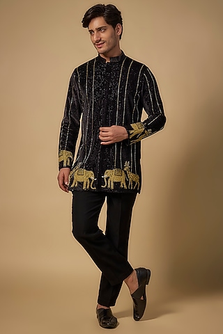 Black Velvet Zari Embroidered Kurta Set by Abees 