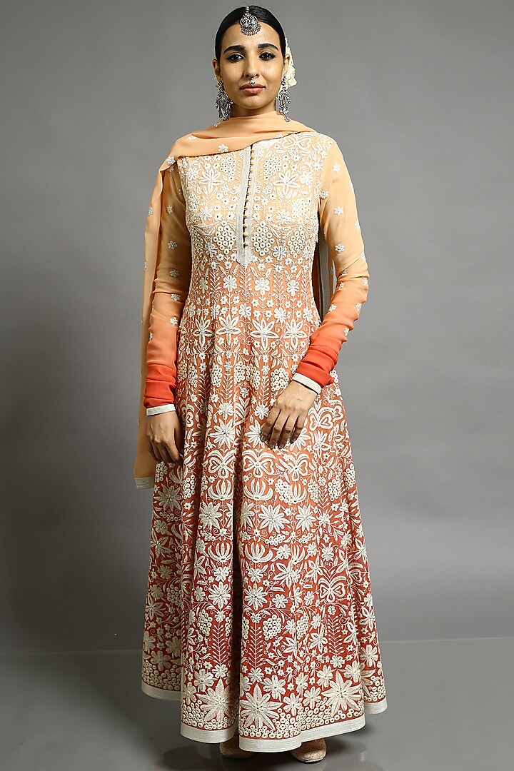 Peach & Orange Embroidered Anarkali Set by Abhishek Gupta