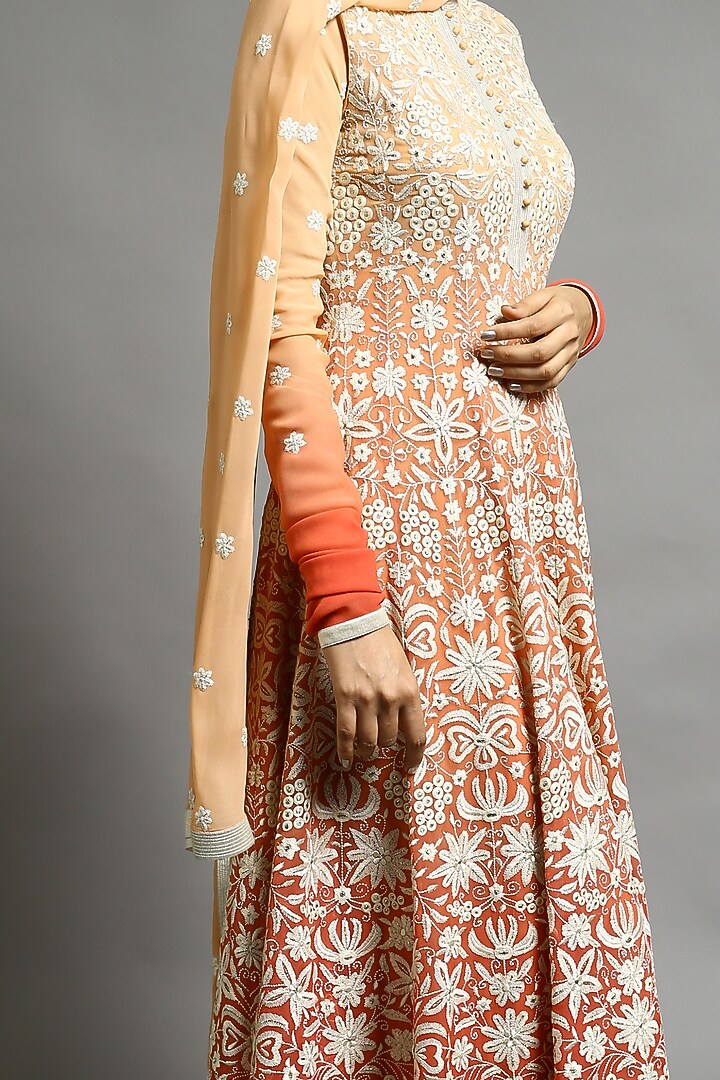 Peach & Orange Embroidered Bridal Anarkali Set by Abhishek Gupta at Pernia's Pop Up Shop