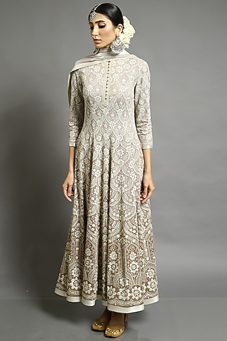 Grey & Beige Embroidered Kalidar Anarkali Set by Abhishek Gupta