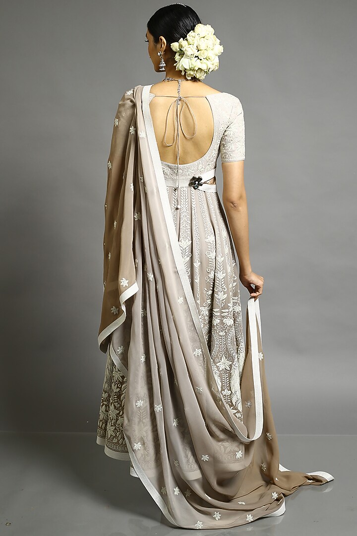 Grey & Beige Embroidered Bridal Anarkali Set by Abhishek Gupta at Pernia's Pop Up Shop