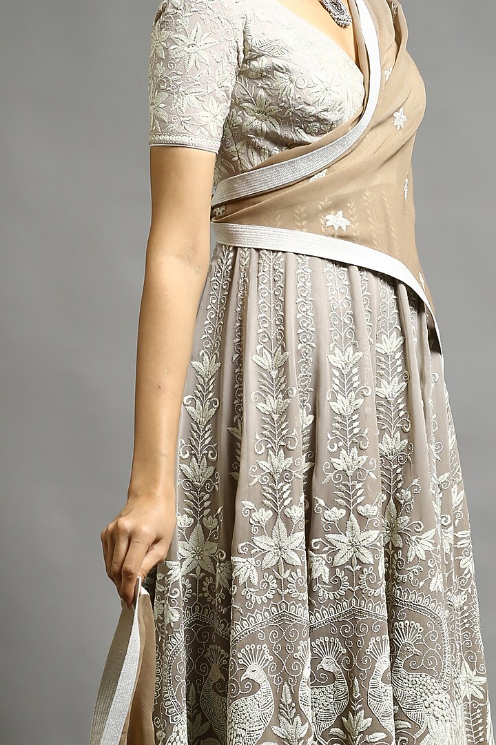 Grey & Beige Embroidered Bridal Anarkali Set by Abhishek Gupta at Pernia's Pop Up Shop