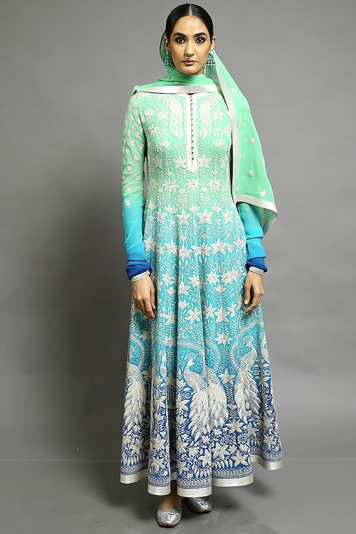 Green & Cobalt Blue Embroidered Kalidar Anarkali Set by Abhishek Gupta