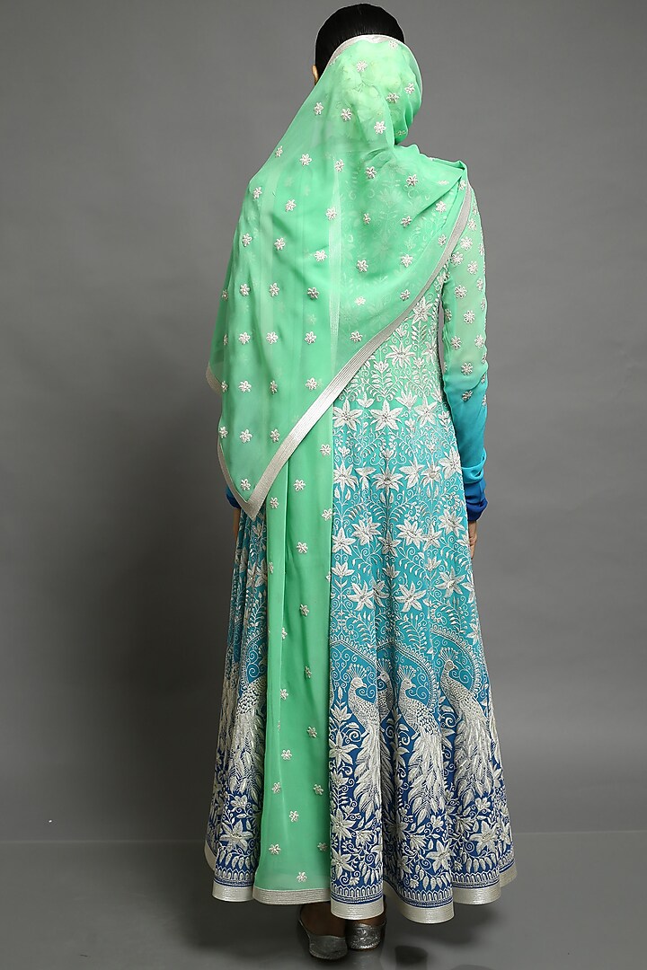 Green & Cobalt Blue Embroidered Kalidar Bridal Anarkali Set by Abhishek Gupta at Pernia's Pop Up Shop