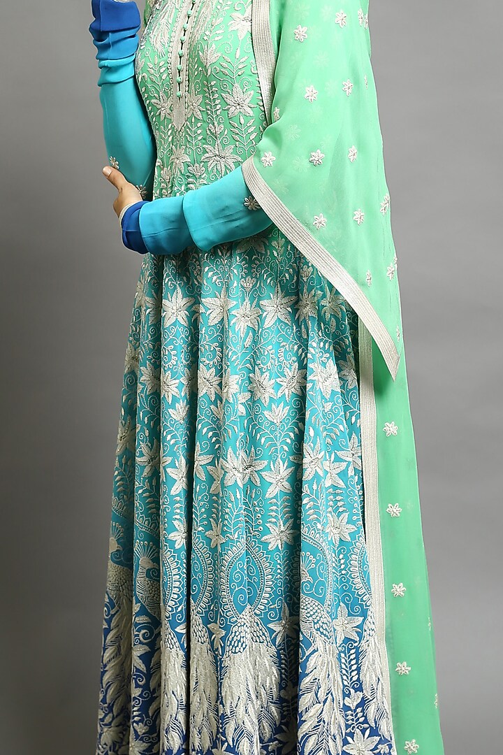 Green & Cobalt Blue Embroidered Kalidar Bridal Anarkali Set by Abhishek Gupta at Pernia's Pop Up Shop
