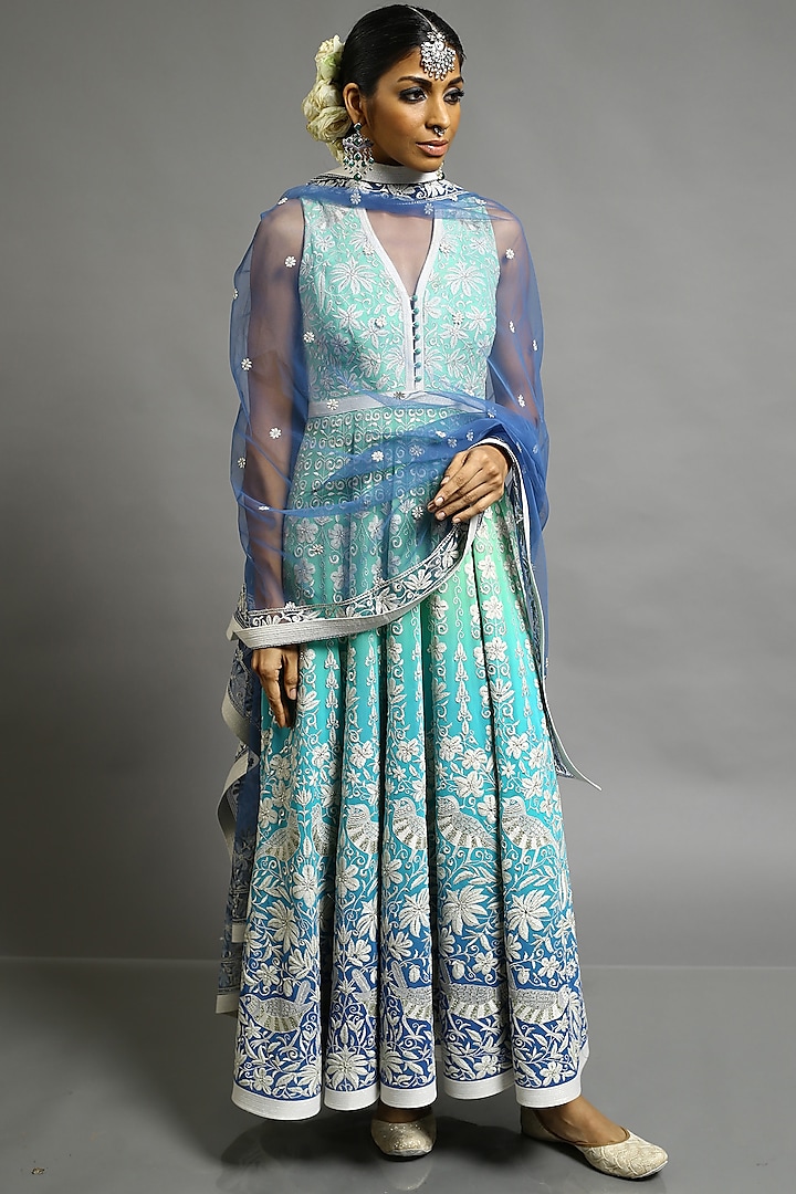 Green & Cobalt Blue Embroidered Anarkali Set by Abhishek Gupta