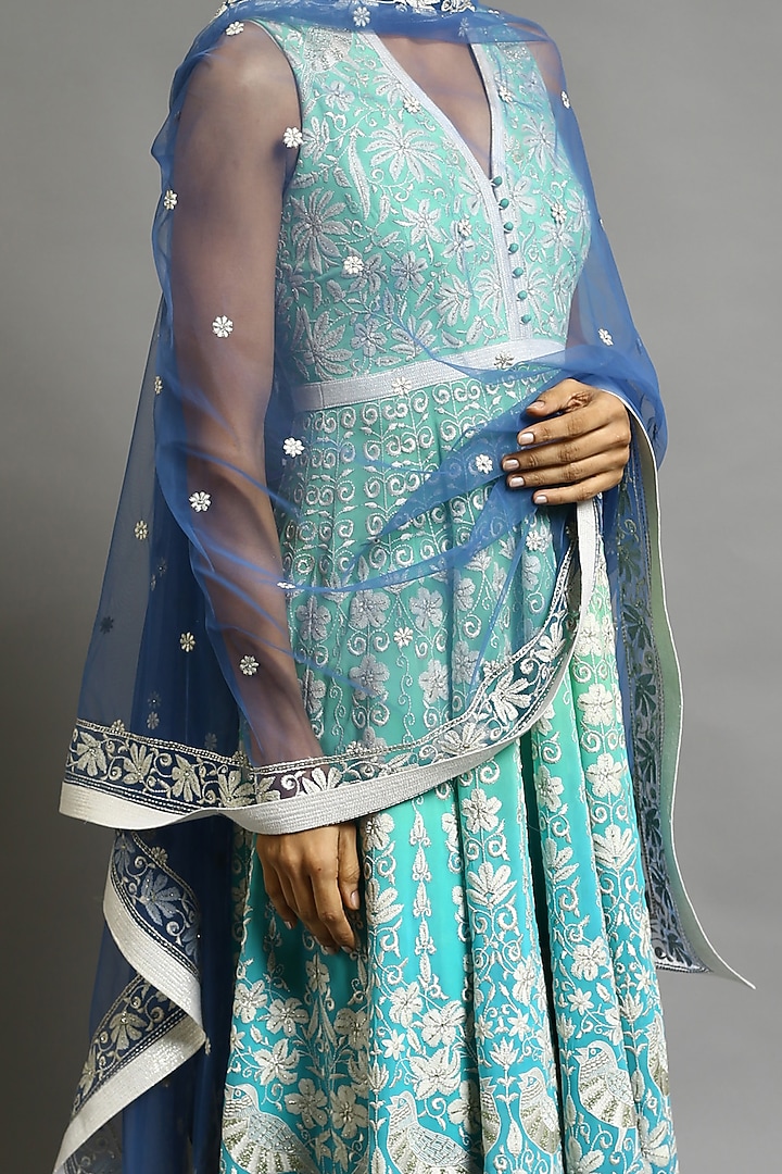 Green & Cobalt Blue Embroidered Bridal Anarkali Set by Abhishek Gupta at Pernia's Pop Up Shop