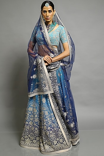 Turquoise & Midnight Blue Embroidered Lehenga Set by Abhishek Gupta