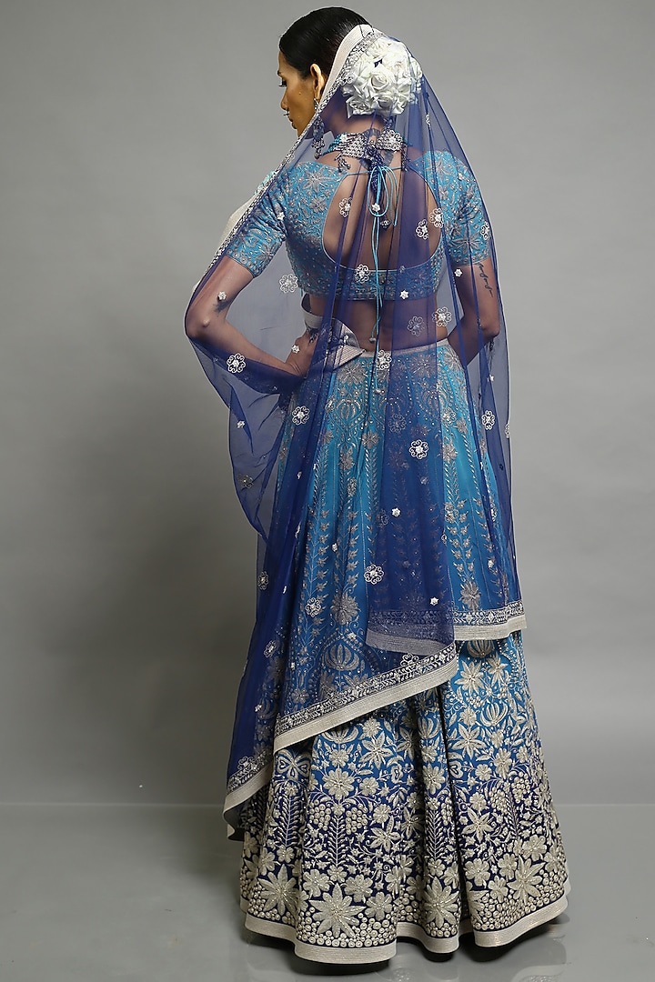 Turquoise & Midnight Blue Embroidered Bridal Lehenga Set by Abhishek Gupta at Pernia's Pop Up Shop
