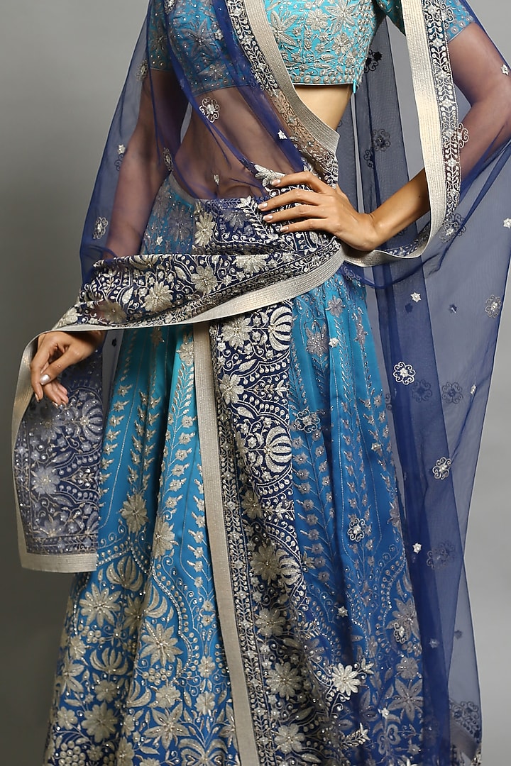 Turquoise & Midnight Blue Embroidered Bridal Lehenga Set by Abhishek Gupta at Pernia's Pop Up Shop