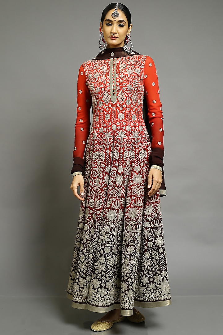 Red Embroidered Kalidar Anarkali Set by Abhishek Gupta