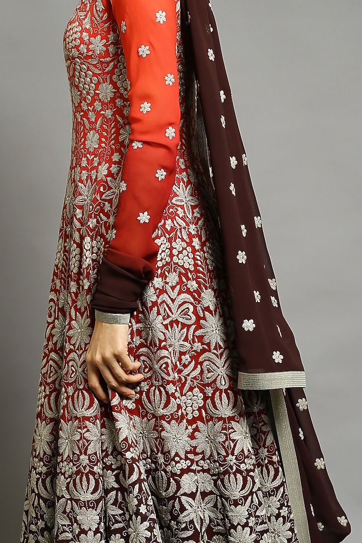 Red Embroidered Kalidar Bridal Anarkali Set by Abhishek Gupta at Pernia's Pop Up Shop