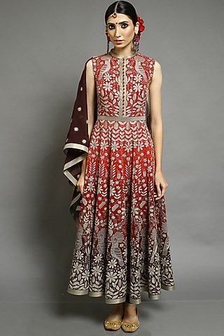 Red Embroidered Anarkali Set by Abhishek Gupta