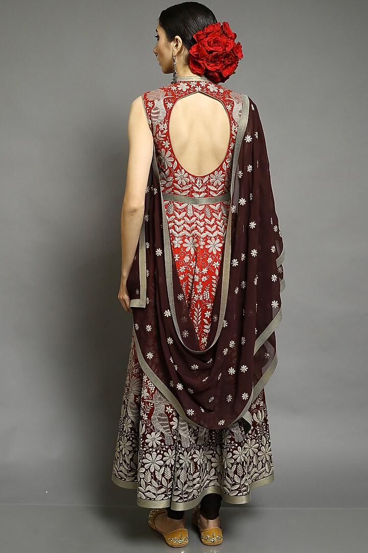 Red Embroidered Bridal Anarkali Set by Abhishek Gupta at Pernia's Pop Up Shop