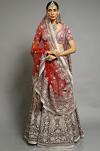 Red Embroidered Lehenga Set by Abhishek Gupta