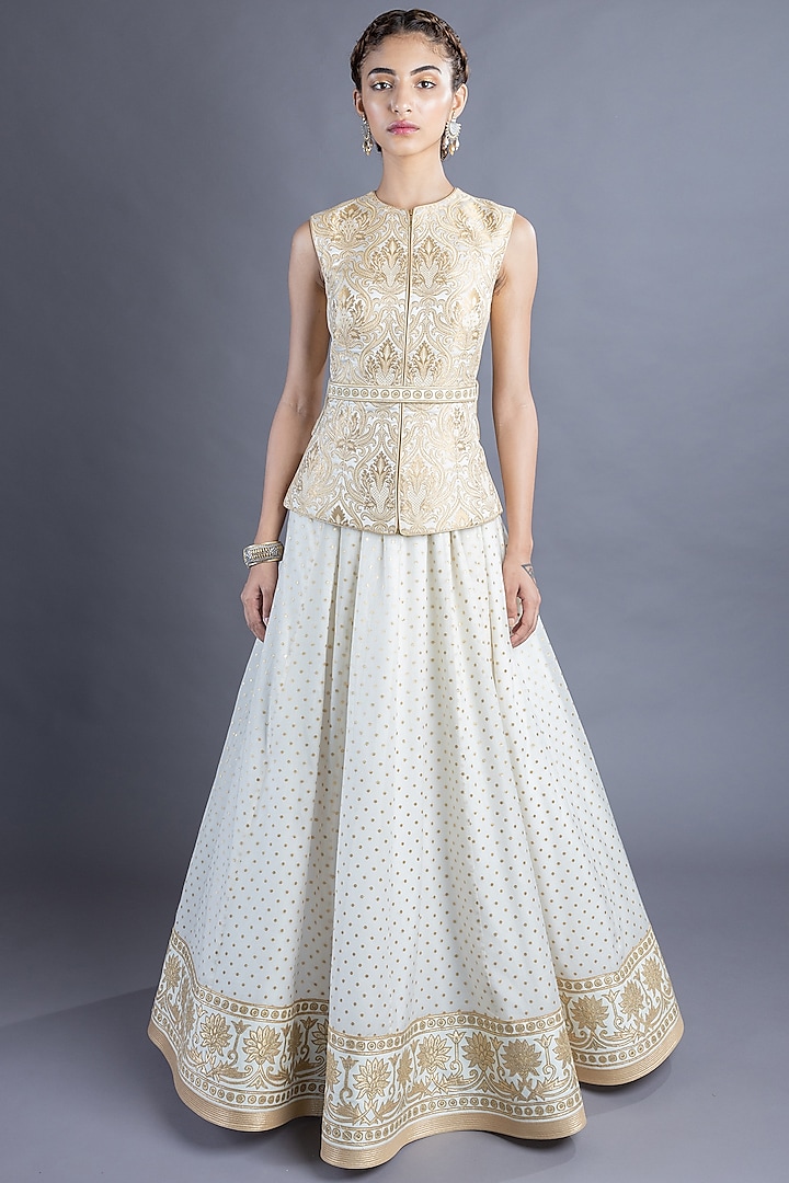 Cream & Gold Chanderi Skirt Set by Abhishek Gupta