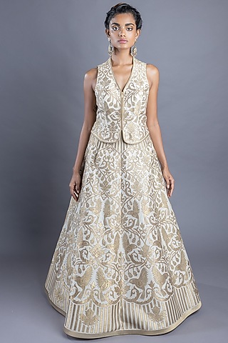 Light Beige & Gold Chanderi Skirt Set by Abhishek Gupta