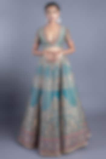 Teal Blue Katan Silk Lehenga Set by Abhishek Gupta