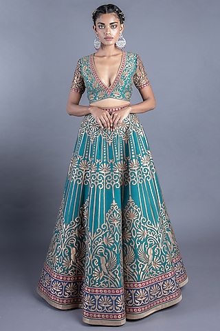Teal Blue Katan Silk Lehenga Set by Abhishek Gupta