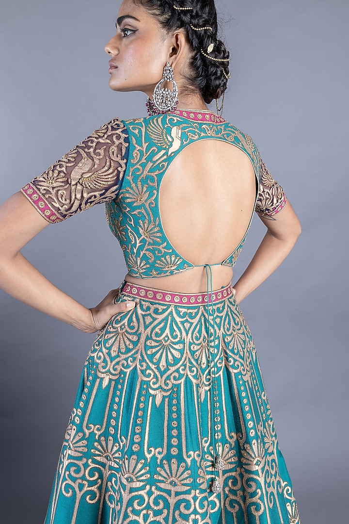 Teal Blue Katan Silk Bridal Lehenga Set by Abhishek Gupta at Pernia's Pop Up Shop