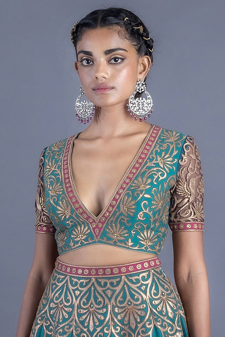 Teal Blue Katan Silk Bridal Lehenga Set by Abhishek Gupta at Pernia's Pop Up Shop