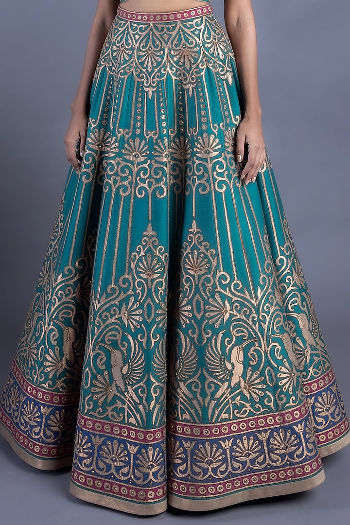 Teal Blue Katan Silk Bridal Lehenga Set by Abhishek Gupta at Pernia's Pop Up Shop