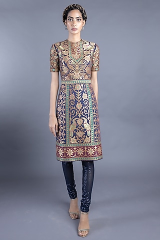 Navy Blue Cotton Satin Tunic Set by Abhishek Gupta