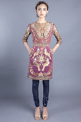 Wine Cotton Satin Tunic Set by Abhishek Gupta