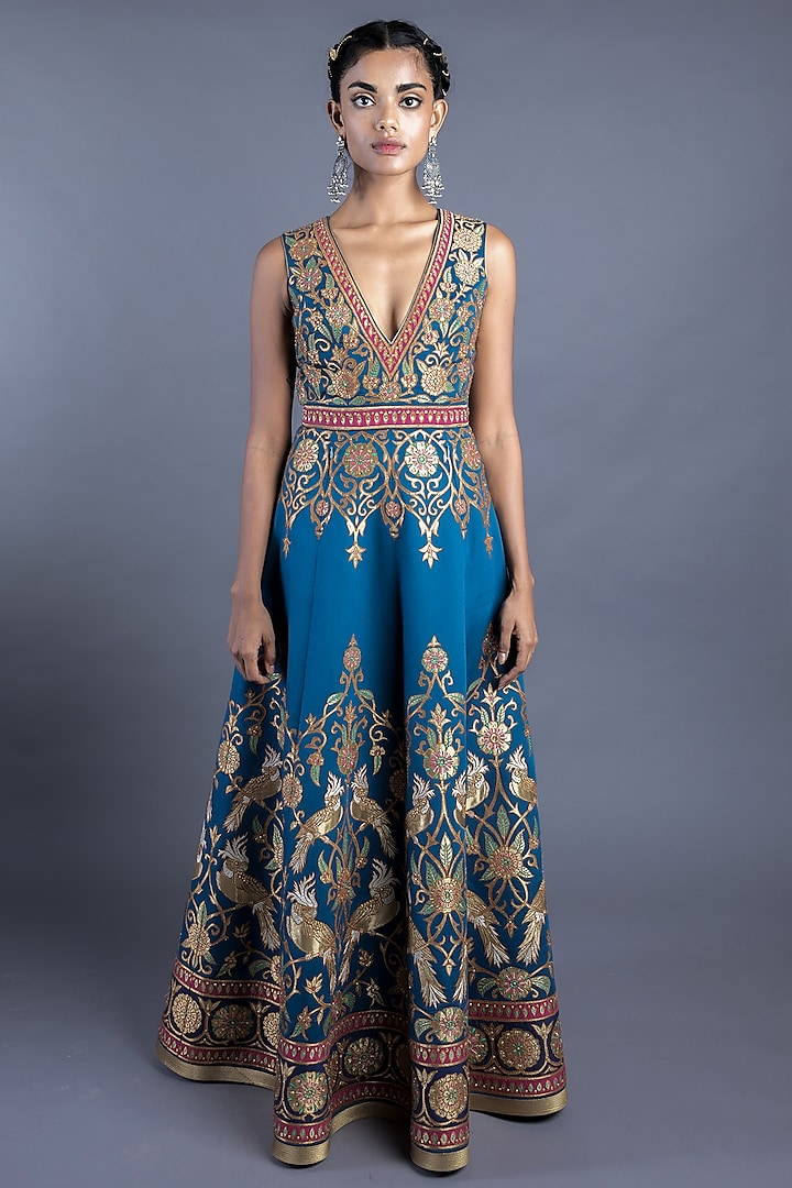 Blue Cotton Satin Gown by Abhishek Gupta