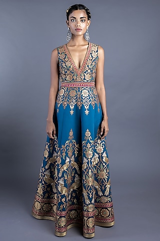 Blue Cotton Satin Gown by Abhishek Gupta