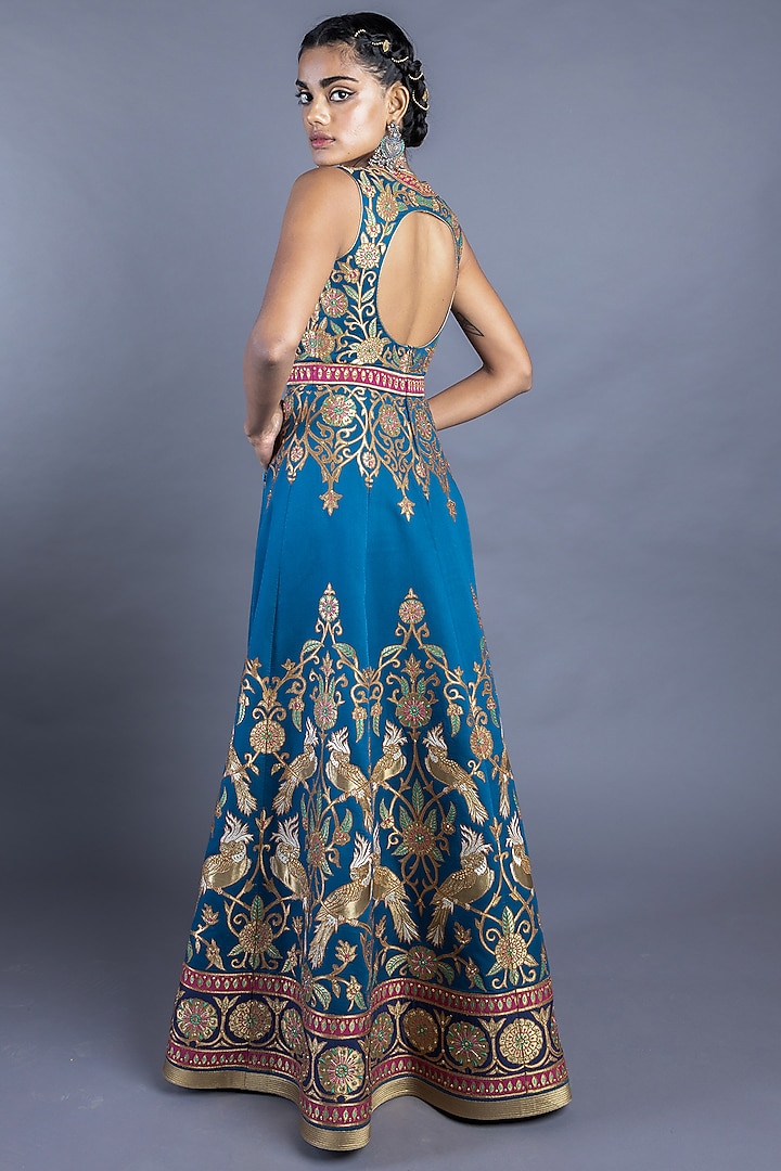 Blue Cotton Satin Gown by Abhishek Gupta at Pernia's Pop Up Shop