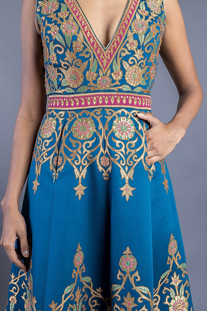 Blue Cotton Satin Gown by Abhishek Gupta at Pernia's Pop Up Shop