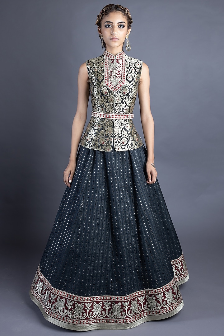 Black Chanderi Skirt Set by Abhishek Gupta