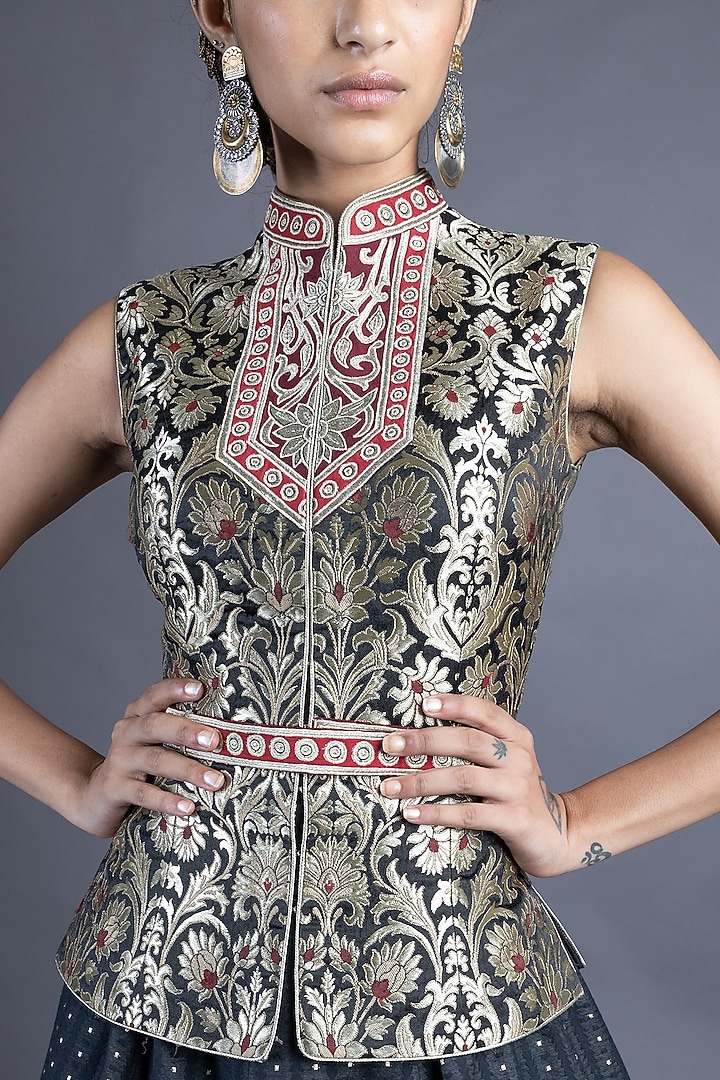 Black Chanderi Skirt Set by Abhishek Gupta at Pernia's Pop Up Shop