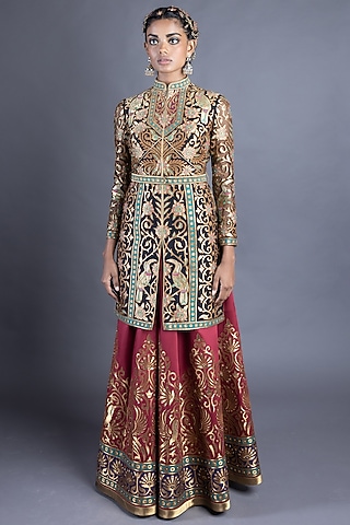 Red Skirt Set With Lurex Applique Work by Abhishek Gupta